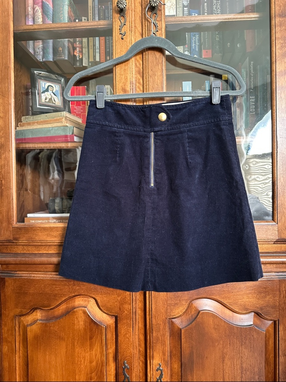 J. Crew Navy Corduroy Mini Skirt with Front Zip and Gold Button